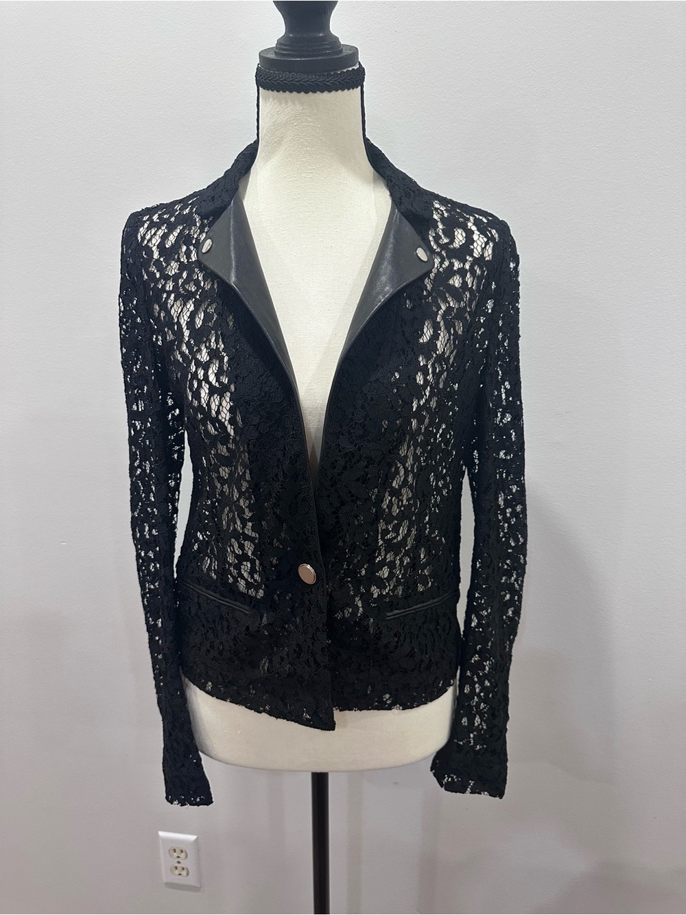The Kooples Luxury Black Floral Lace Leather Blazer Womens Jacket Size Small NWO